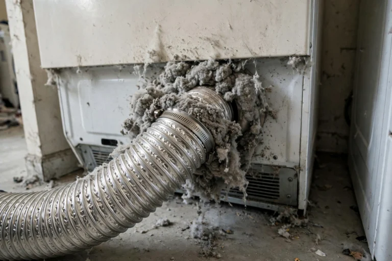 Dryer vent hose packed with lint buildup