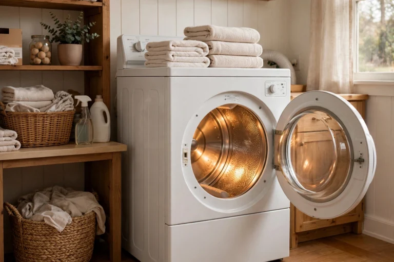 Clothes dryer with open door in a home laundry room