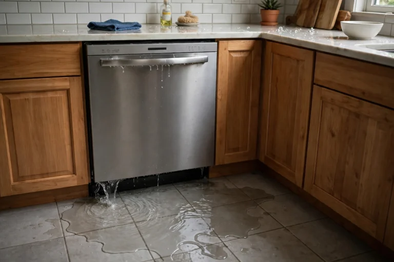 A dishwasher leaking water onto the kitchen floor, with a puddle spreading in front of the appliance.