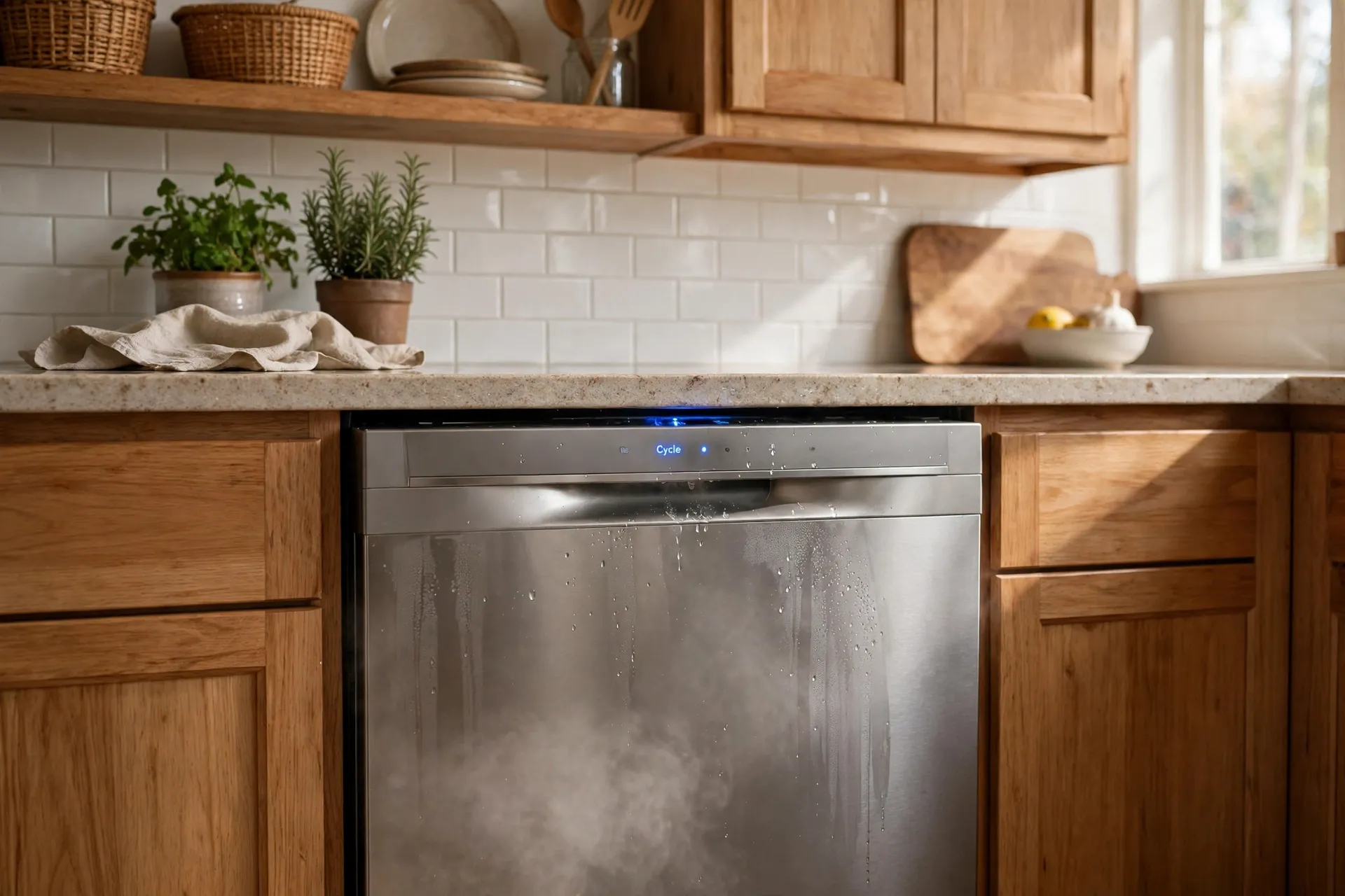 A dishwasher running with its door closed in a kitchen.