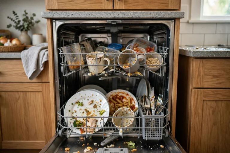 An open dishwasher in a home kitchen with dirty dishes still covered in food residue in the racks after a wash cycle.