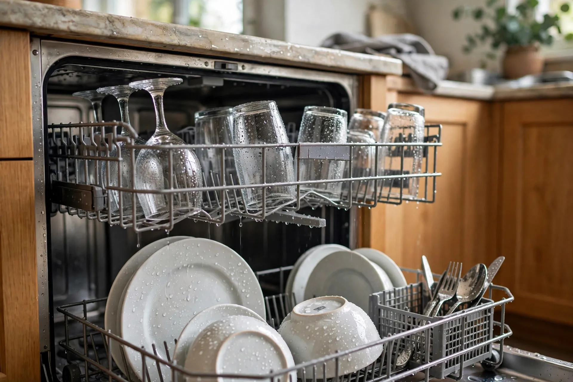 Wet dishes with visible water droplets inside an open dishwasher after a wash cycle in a kitchen.