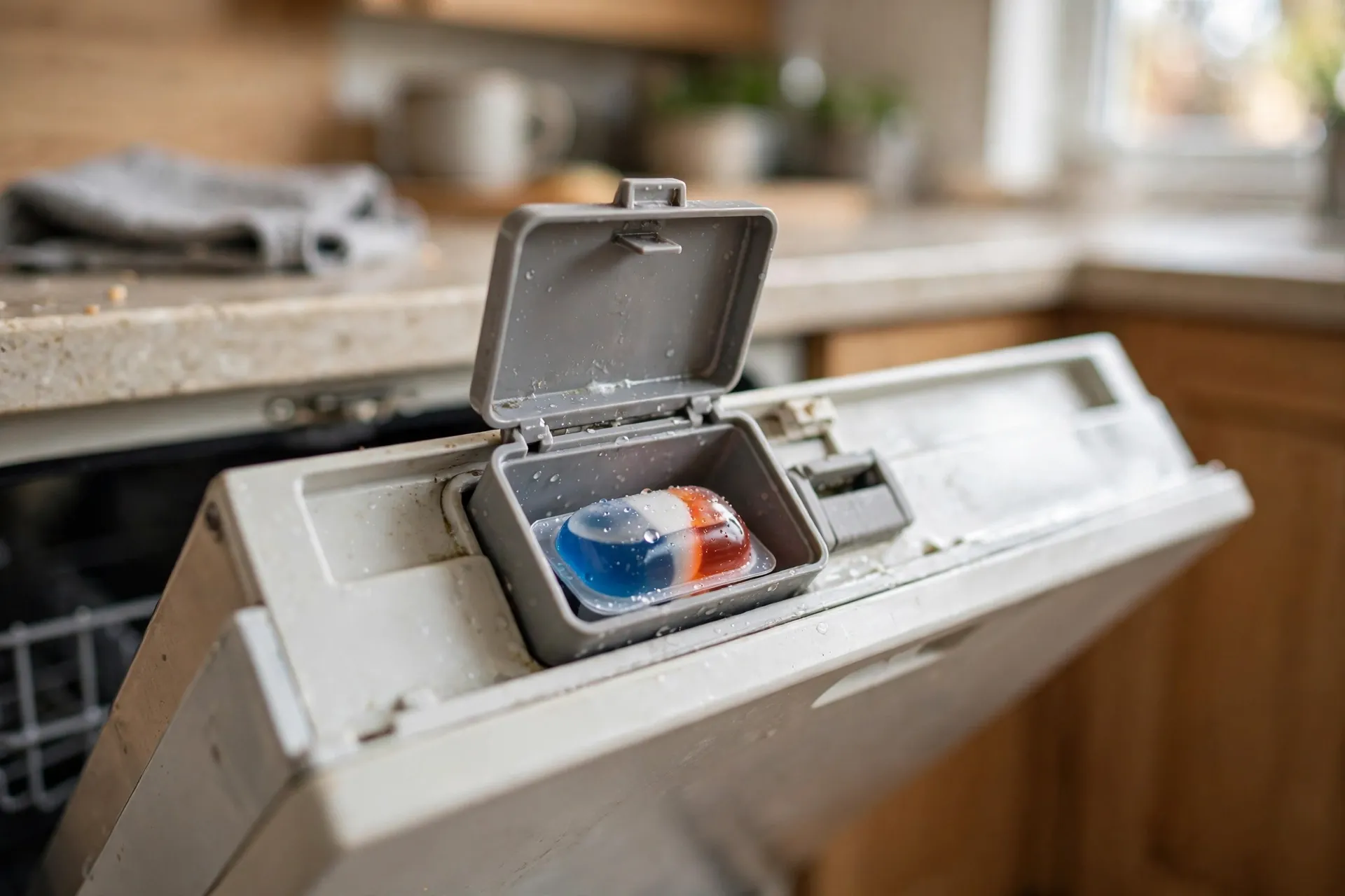 An undissolved detergent pod sitting in the open dispenser cup of a dishwasher door.