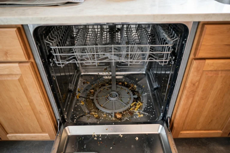 An open dishwasher showing a dirty, grimy filter area at the bottom of the tub.