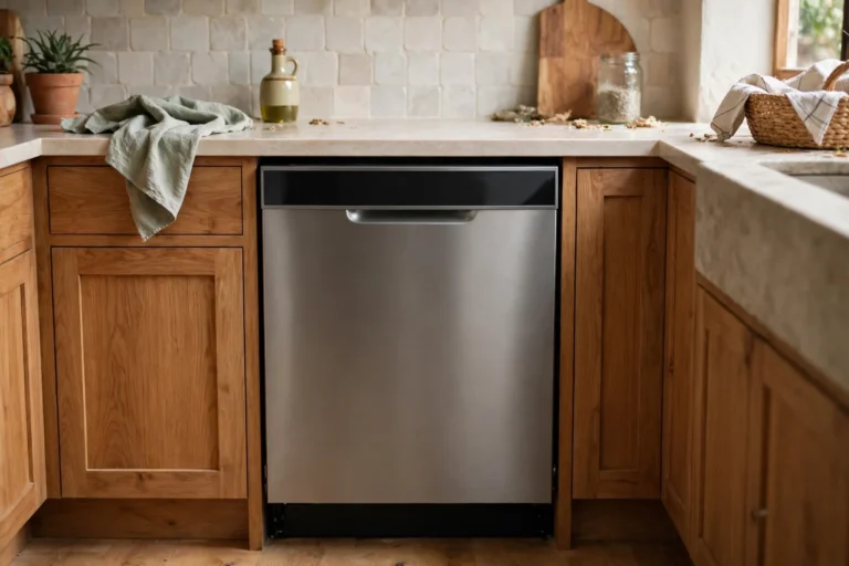 A built-in dishwasher with a dark, unlit control panel in a kitchen.