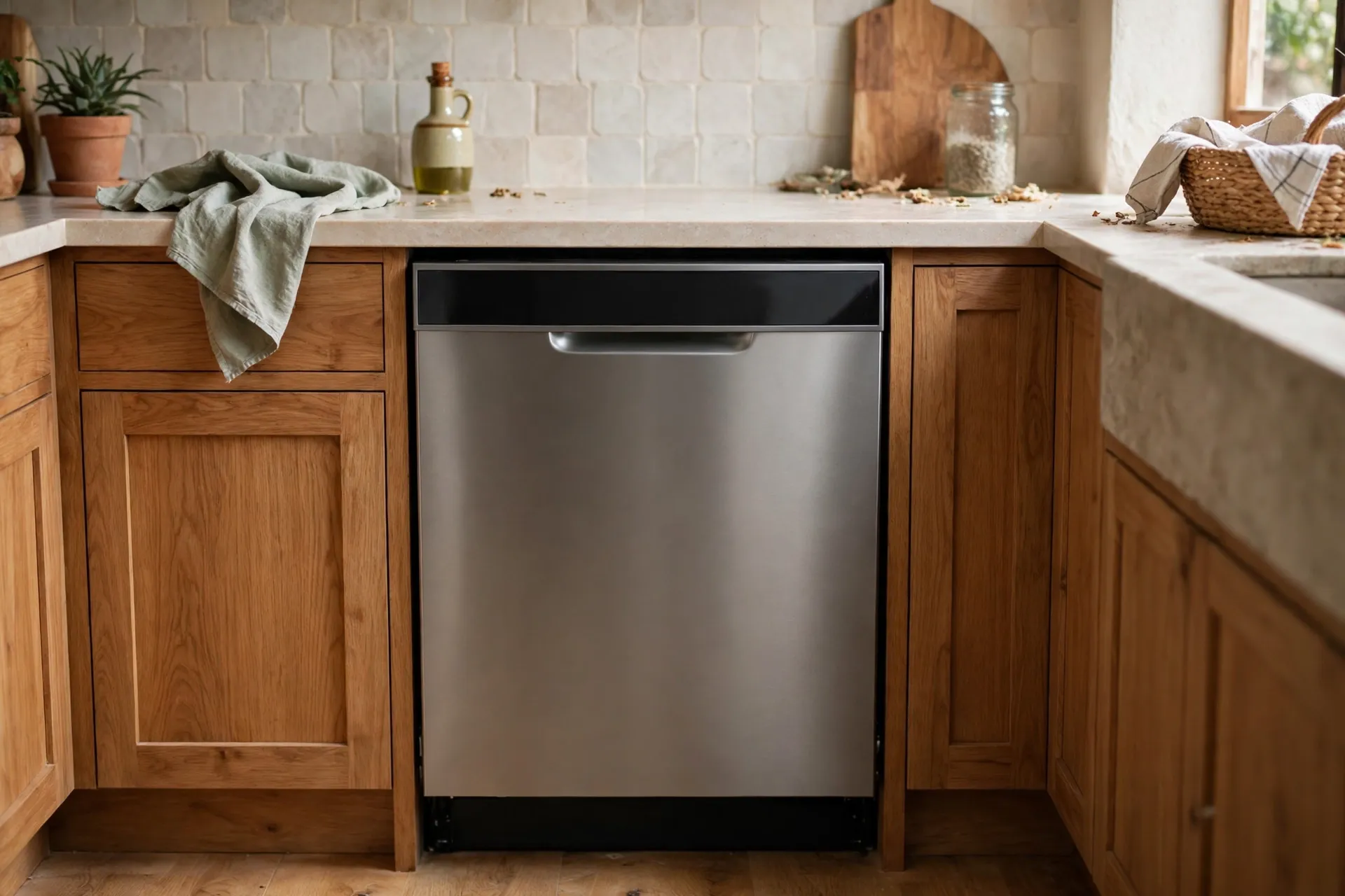 A built-in dishwasher with a dark, unlit control panel in a kitchen.