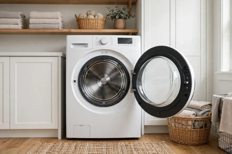 Clothes dryer with the door open showing the empty drum