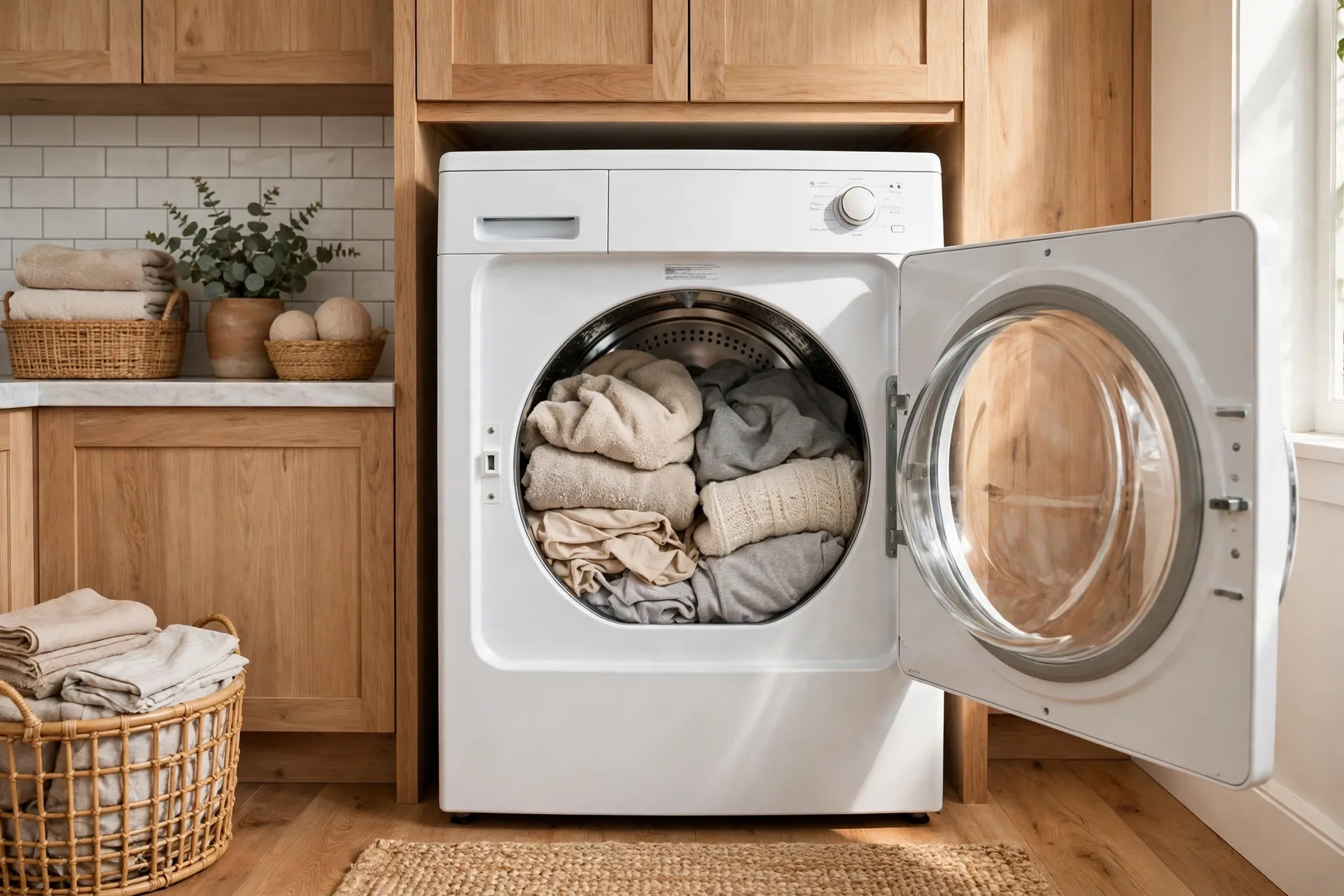 Clothes dryer with the door open and clothes inside