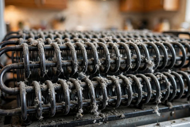 Dusty refrigerator condenser coils coated in lint and dust