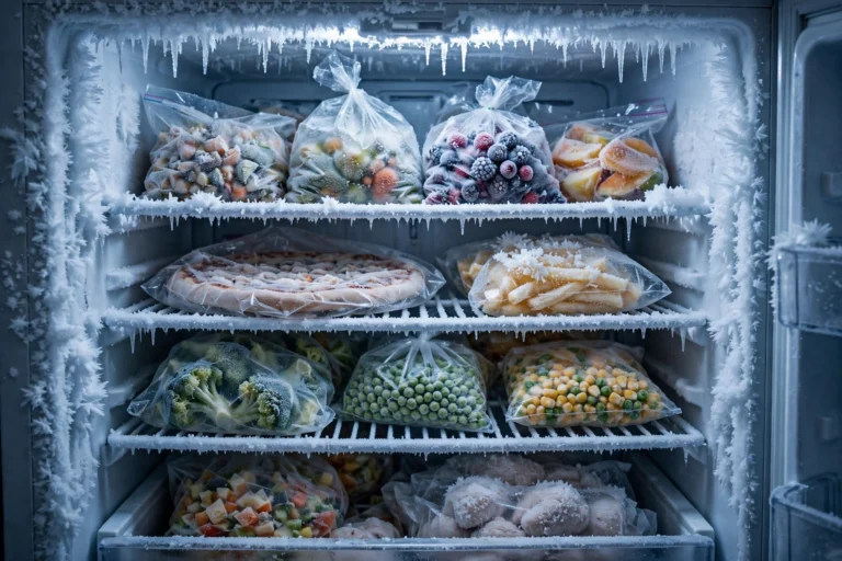 Freezer interior coated in thick white frost and ice crystals