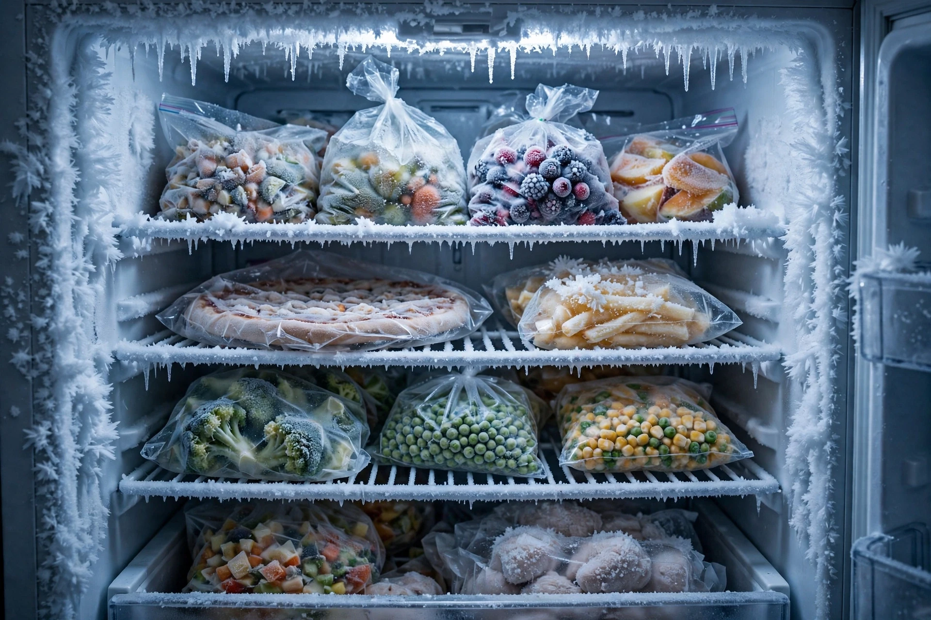 Freezer interior coated in thick white frost and ice crystals