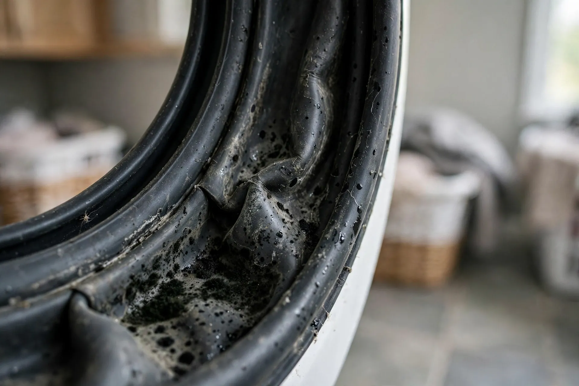Close-up of a front-load washer door gasket with mildew buildup