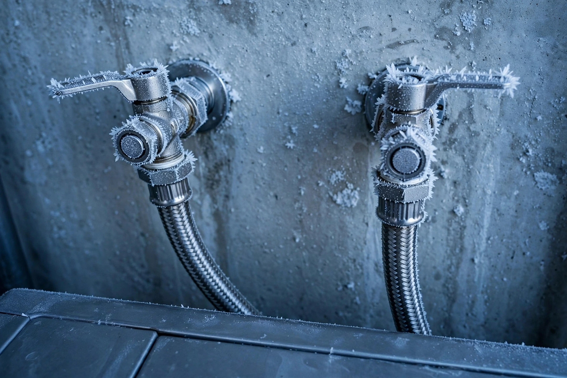 Washing machine water supply hoses with frost on the valves