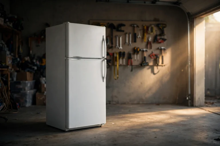 Refrigerator standing in a residential garage