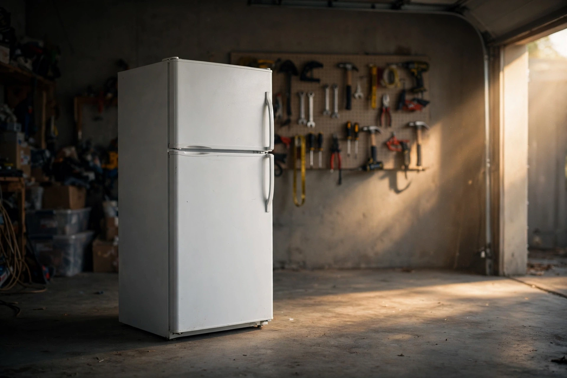 Refrigerator standing in a residential garage