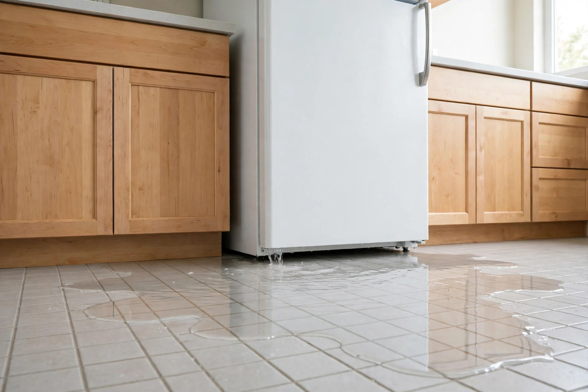 Puddle of water spreading across a kitchen tile floor from under a refrigerator