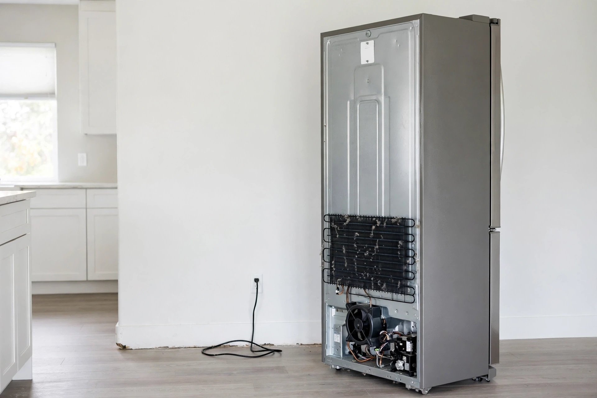 Back of a refrigerator showing condenser coils and fan unit