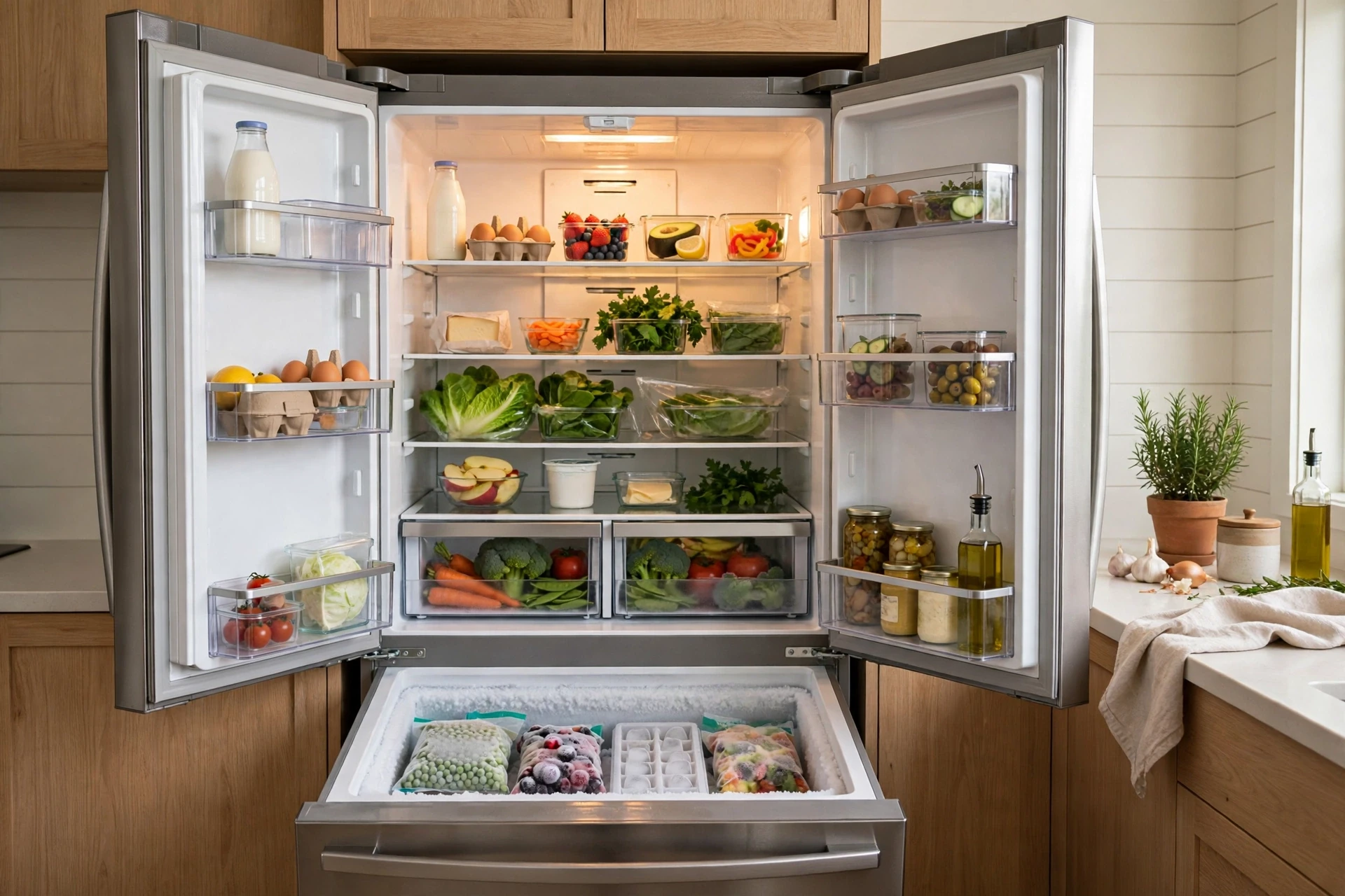 Open stainless steel refrigerator with interior light on and food on the shelves