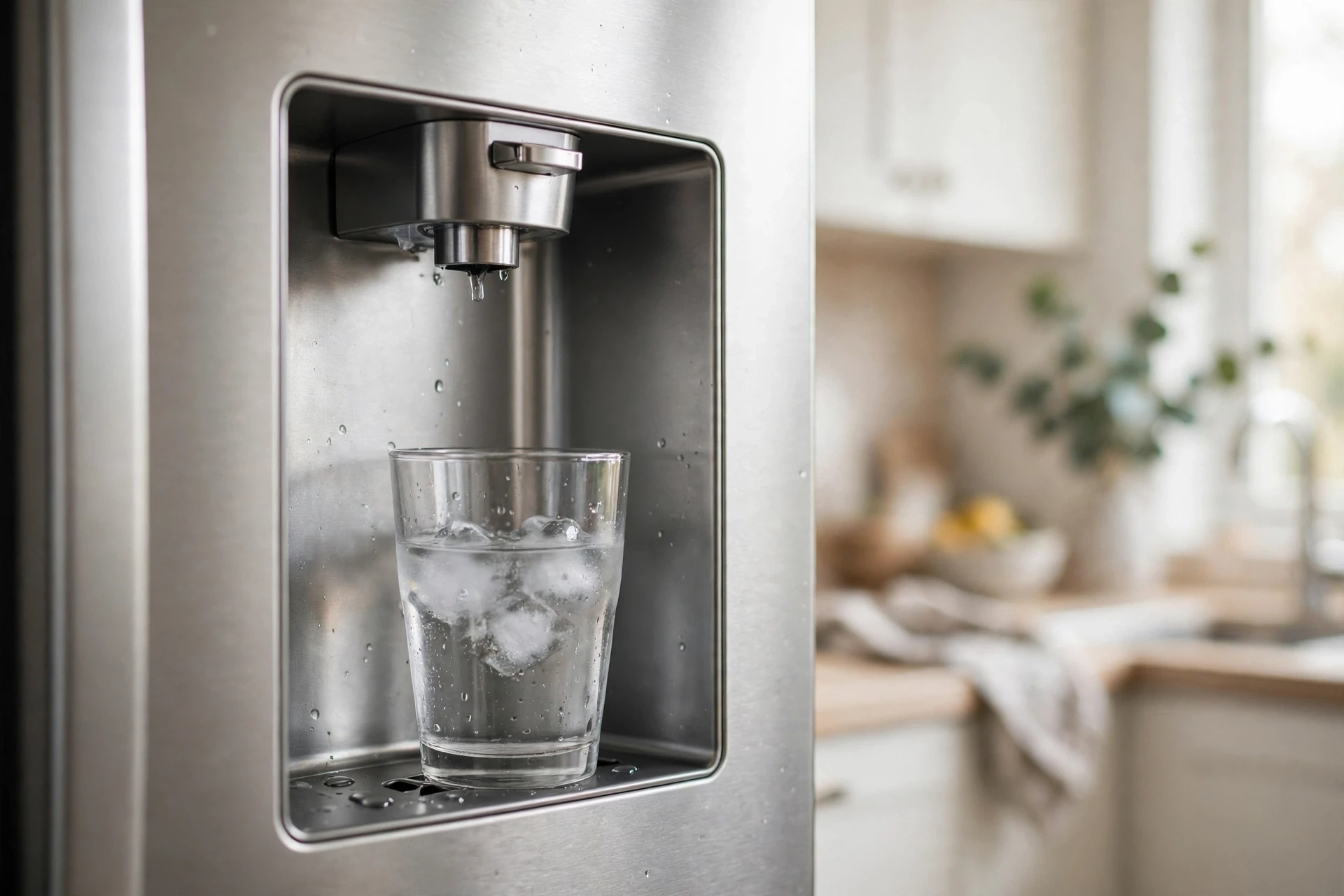 Close-up of a refrigerator door water dispenser with a glass underneath