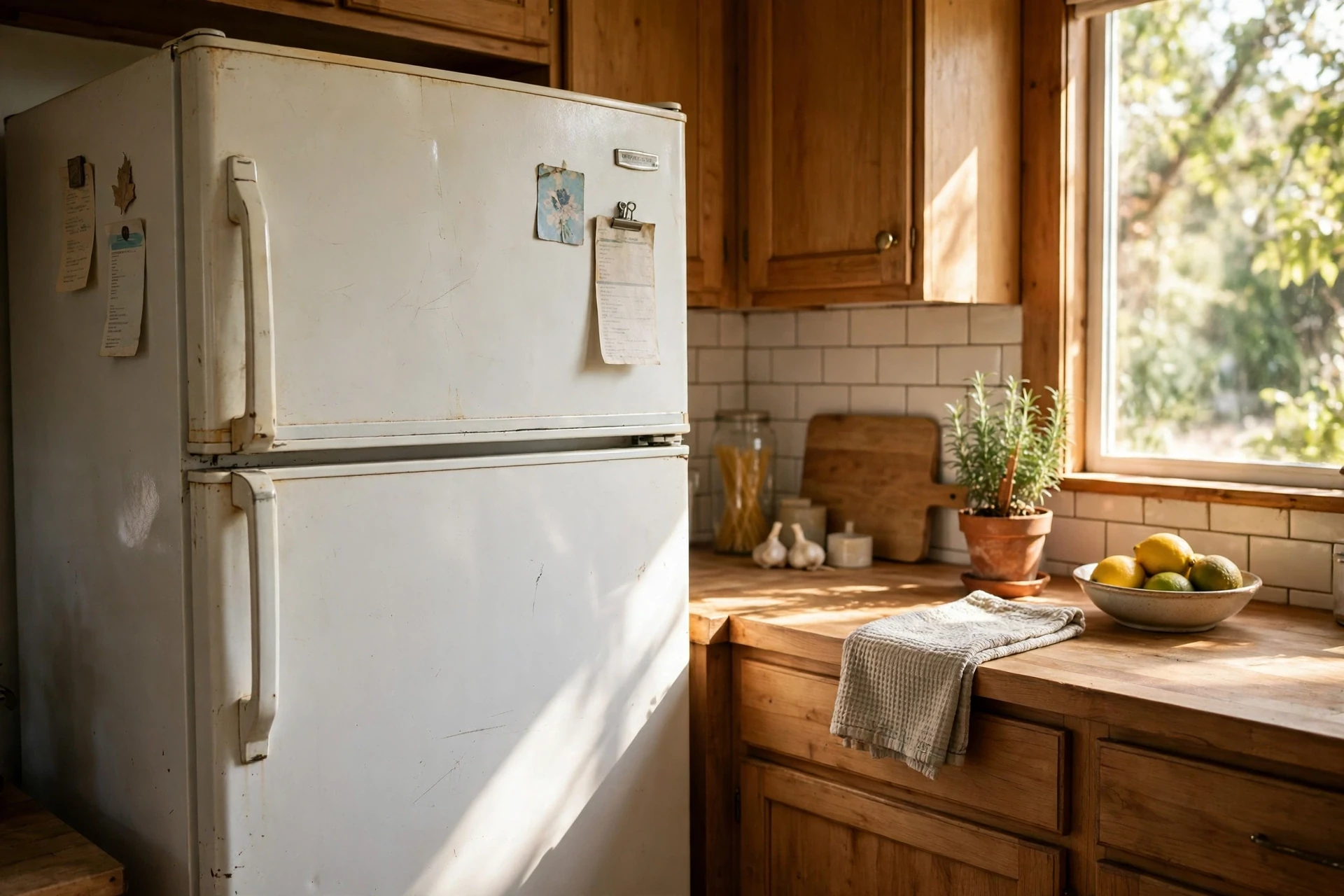 Older white top-freezer refrigerator in a home kitchen