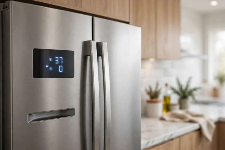 French-door refrigerator with a glowing digital temperature display panel on the door