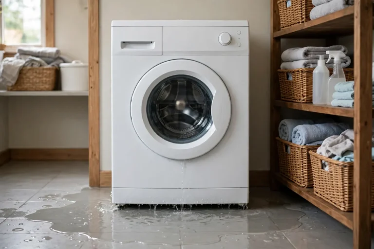Washing machine with water pooling on the laundry room floor