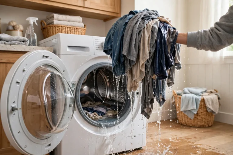 Soaking wet clothes being lifted from a washing machine drum