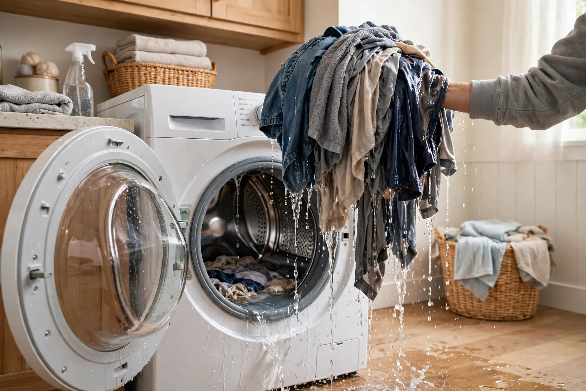 Soaking wet clothes being lifted from a washing machine drum