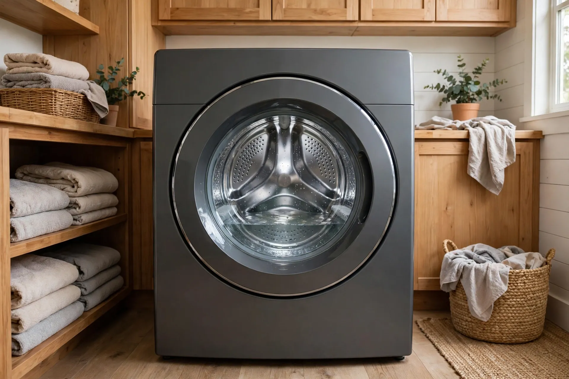 Front-load washing machine with standing water visible inside the drum