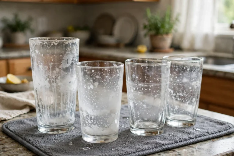 Cloudy drinking glasses covered in white film and spots sitting in a home kitchen.